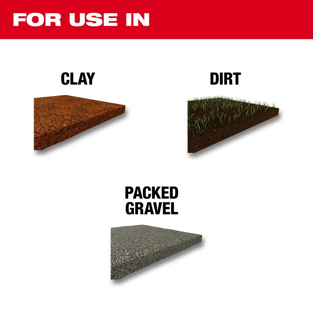 Three triangular material samples labeled for use in clay, dirt, and packed gravel applications.
