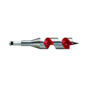 Milwaukee ship auger bit with metal shaft, red spiral flutes, and pointed screw tip.