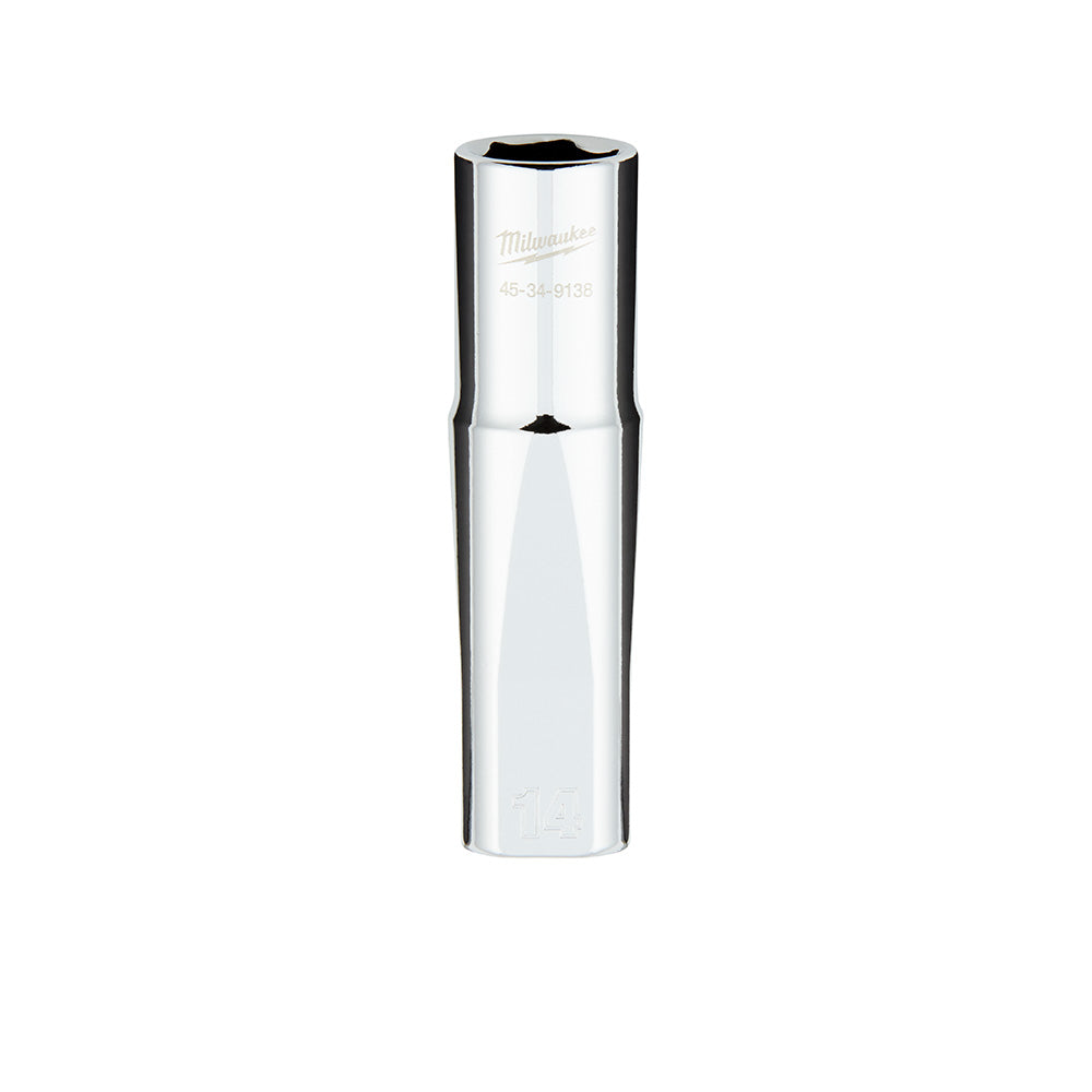 Chrome 14mm deep socket with six-point interior and four flat sides on exterior, 1/2 inch drive.