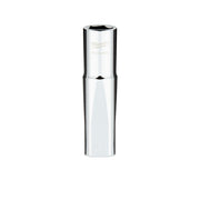 Chrome 14mm deep socket with six-point interior and four flat sides on exterior, 1/2 inch drive.