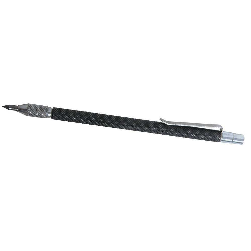 Metal scriber tool with textured black grip handle and magnetic end attachment.