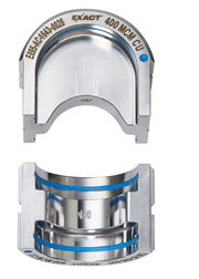 U-shaped copper crimping die with blue bands and gray housing, labeled EXACT 400 MCU, shown from top and bottom views.