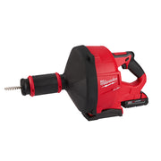 Red and black Milwaukee M18 FUEL drain snake with cable-drive attachment and battery cartridge installed.