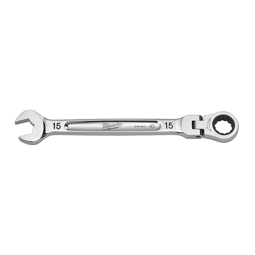 15mm combination wrench with open end on left, ratcheting head on right, and flex joint in middle.
