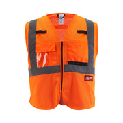 Orange mesh safety vest with reflective gray stripes, front pockets, and zip closure.