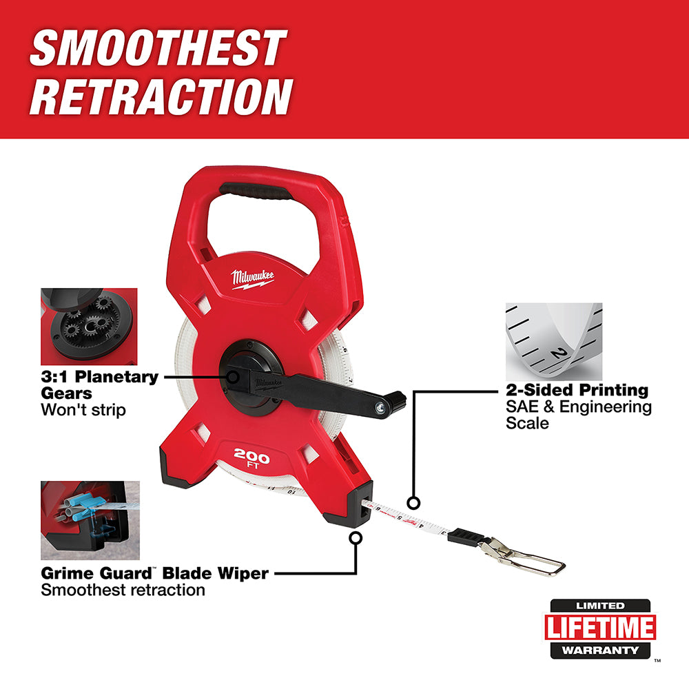 Red Milwaukee fiberglass tape measure reel with 200-foot capacity, blade wiper, and dual-sided measuring scale.