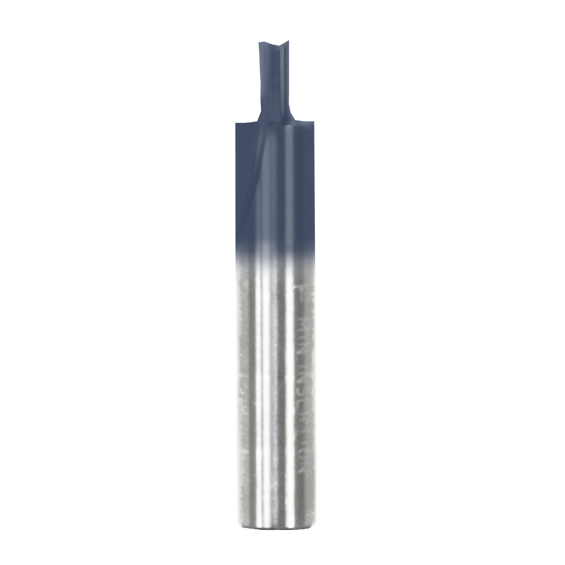 Dark gray and silver straight router bit with two flutes and cylindrical shaft.