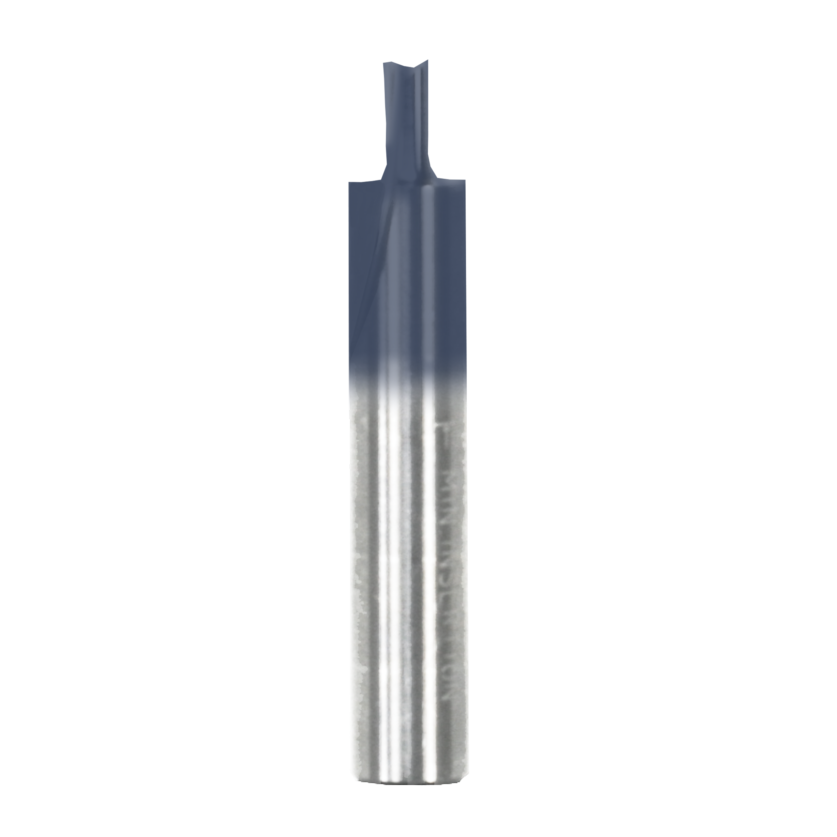Dark gray and silver straight router bit with two flutes and cylindrical shaft.
