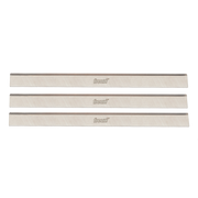 Three Freud high speed steel planer and jointer blades with gray cutting edges and cream-colored bodies.