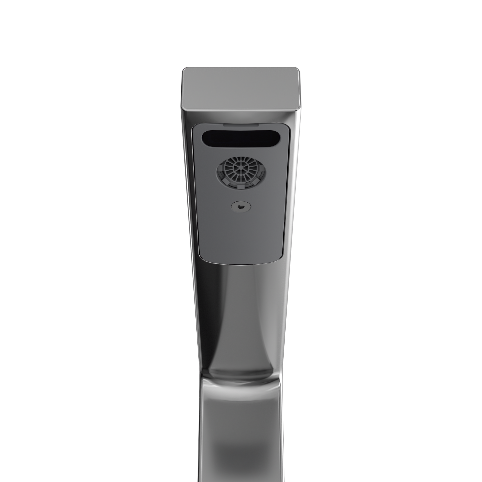 Polished chrome touchless bathroom faucet with sensor panel and tall vessel spout in black and gray finish.
