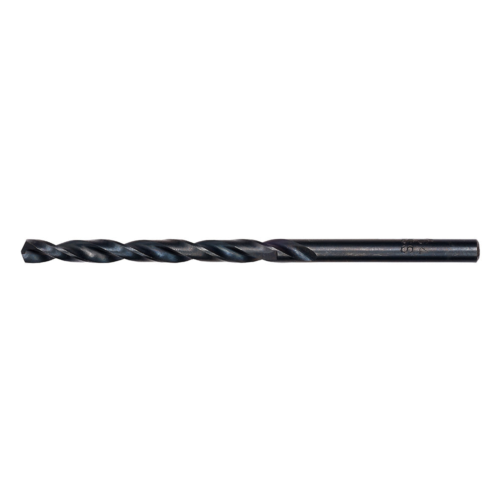 Black oxide twist drill bit with spiral flutes and pointed tip.