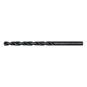 Black oxide twist drill bit with fluted shaft and pointed tip on white background.