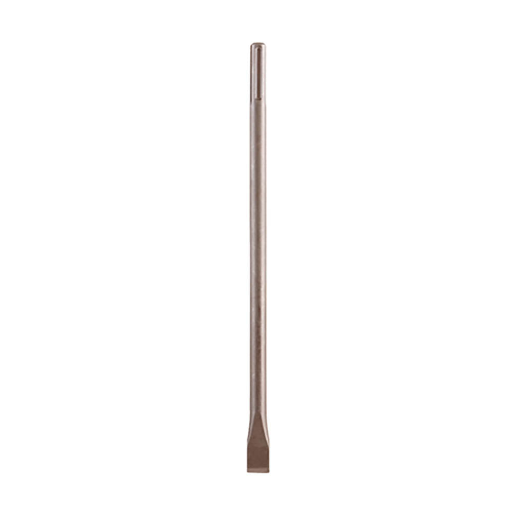 Gray metal SDS-Max demolition flat chisel with cylindrical shaft and flat blade end.