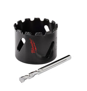 Black carbide grit hole saw with jagged cutting edge and metal arbor shaft.