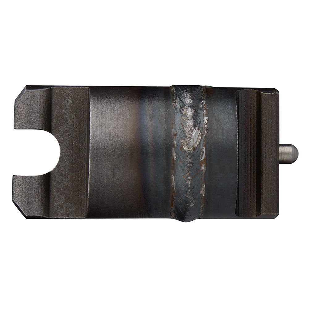 Dark metal anchor adapter with U-shaped slot on left side and cylindrical pin on right side for machine attachment.