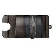 Dark metal anchor adapter with U-shaped slot on left side and cylindrical pin on right side for machine attachment.