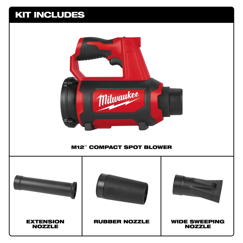 Red and black Milwaukee M12 compact spot blower with extension nozzle, rubber nozzle, and wide sweeping nozzle attachments.