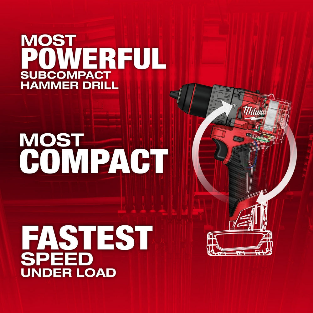 Milwaukee M12 FUEL 1/2" hammer drill/driver in red and black with battery cartridge shown on red background.