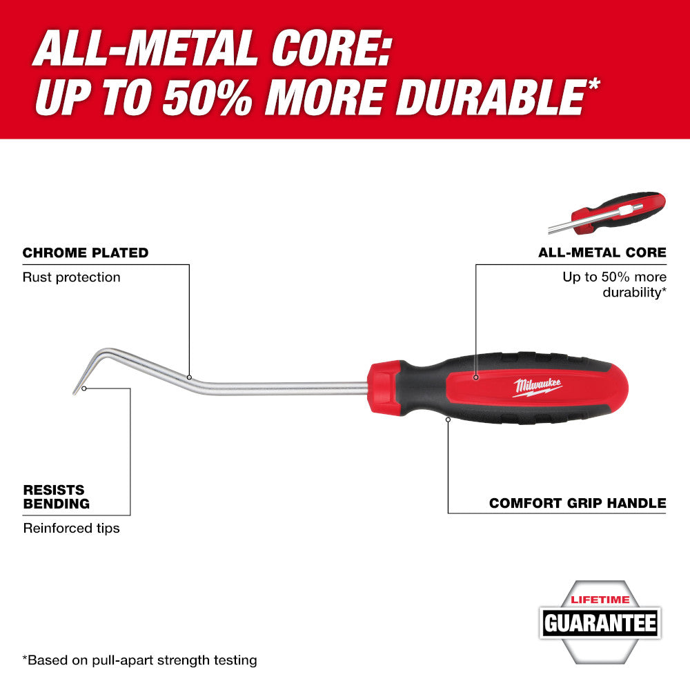 Milwaukee 45" hose pick with red and black comfort grip handle, chrome-plated curved shaft, and all-metal core.