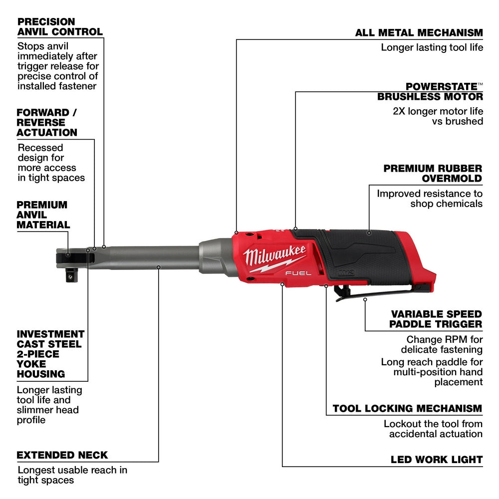 Milwaukee M12 FUEL 3/8" extended reach high-speed ratchet with red and black body, featuring extended neck and precision anvi