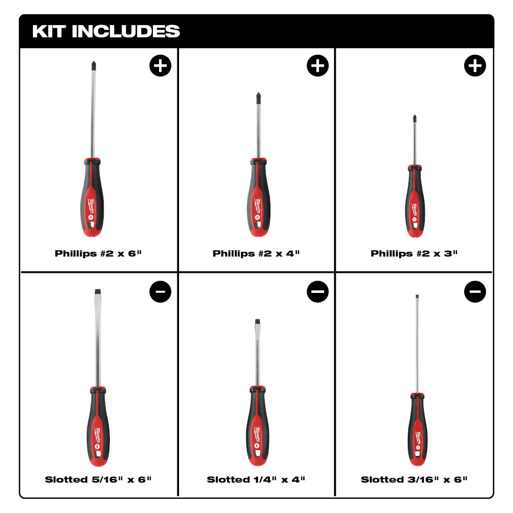 Six Milwaukee screwdrivers with red and black handles: three Phillips head and three slotted head in varying sizes.