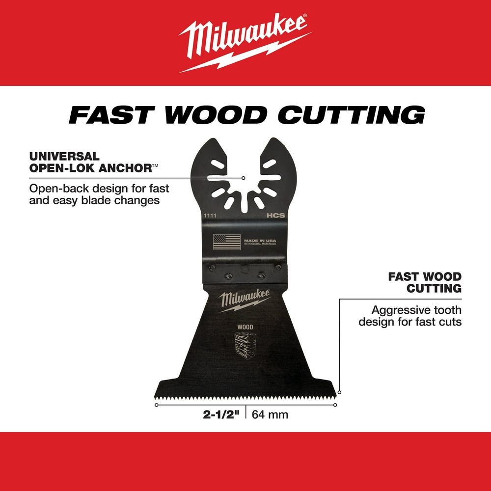 Milwaukee OPEN-LOK 2-1/2" HCS wood cutting blade with open-back design and aggressive tooth pattern.
