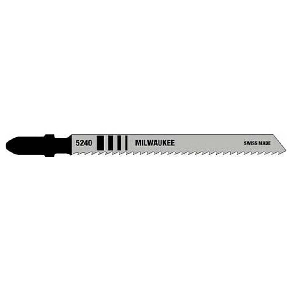 Milwaukee 5240 jig saw blade with black handle and serrated cutting edge marked "Swiss Made."