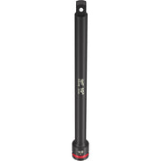 Black Milwaukee Shockwave 1/2" drive 10" extension with red band at base and square connector hole at top.