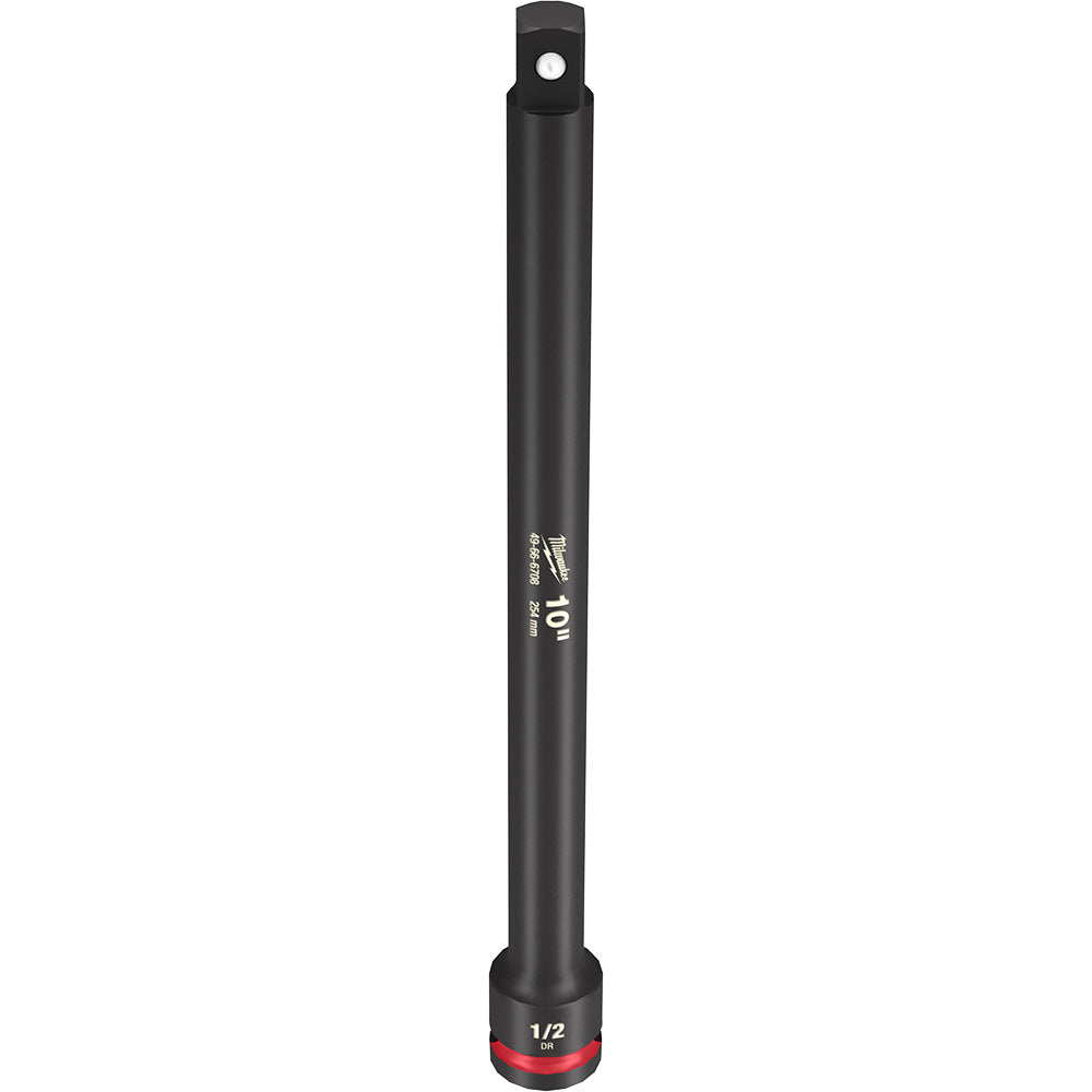 Black Milwaukee Shockwave 1/2" drive 10" extension with red band at base and square connector hole at top.