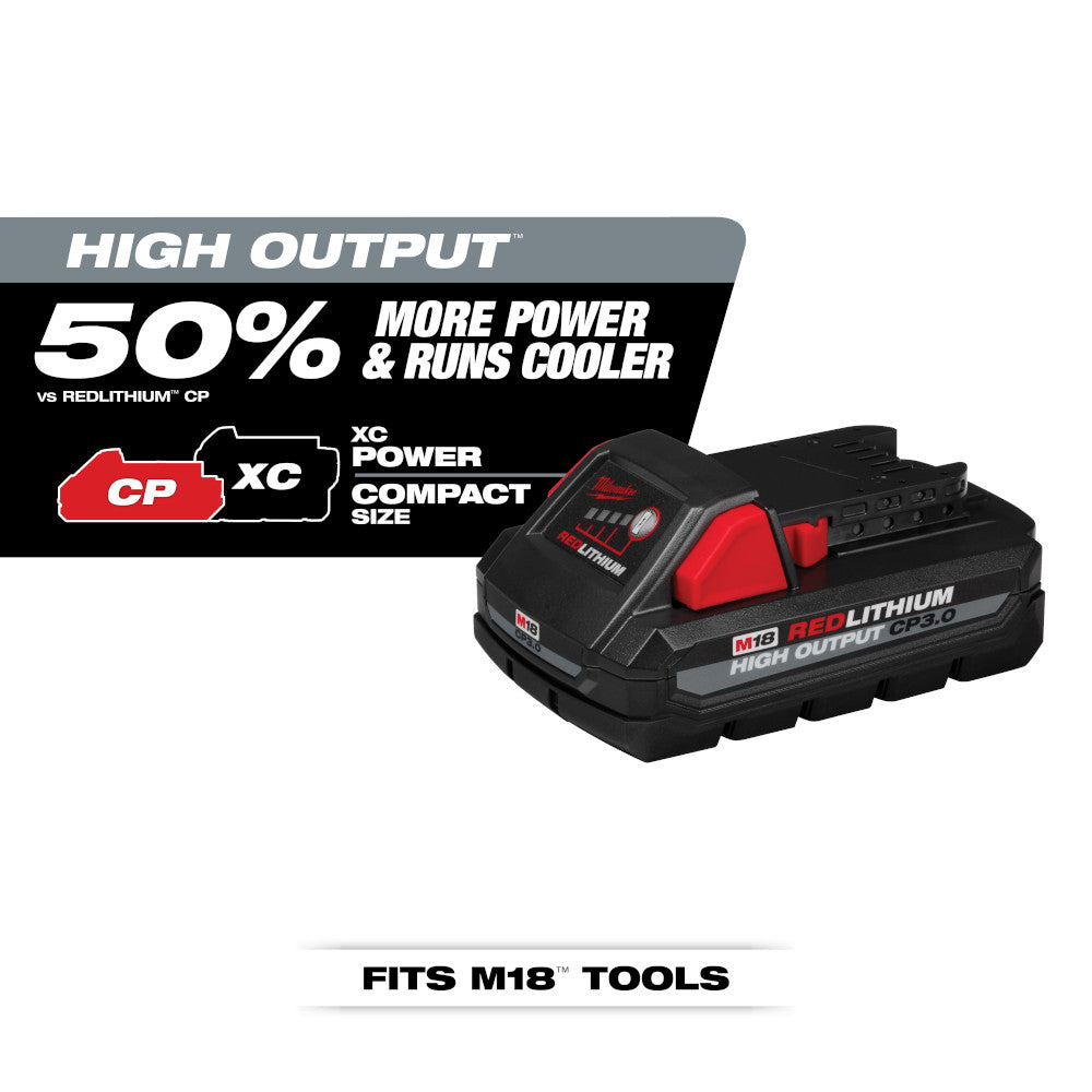 Two Milwaukee M18 REDLITHIUM HIGH OUTPUT CP3.0 batteries with black and red casings and charging indicator lights.