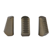 Three metal jaw inserts with serrated gripping surfaces for rivet tool use.