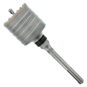 SDS-Max carbide tipped core bit with cylindrical head and fluted cutting edges on shaft.