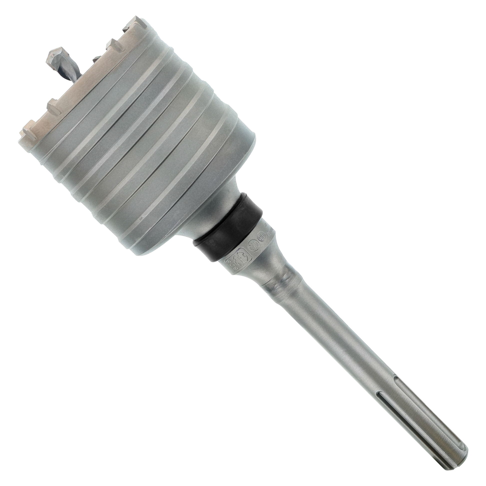 SDS-Max carbide tipped core bit with cylindrical head and fluted cutting edges on shaft.