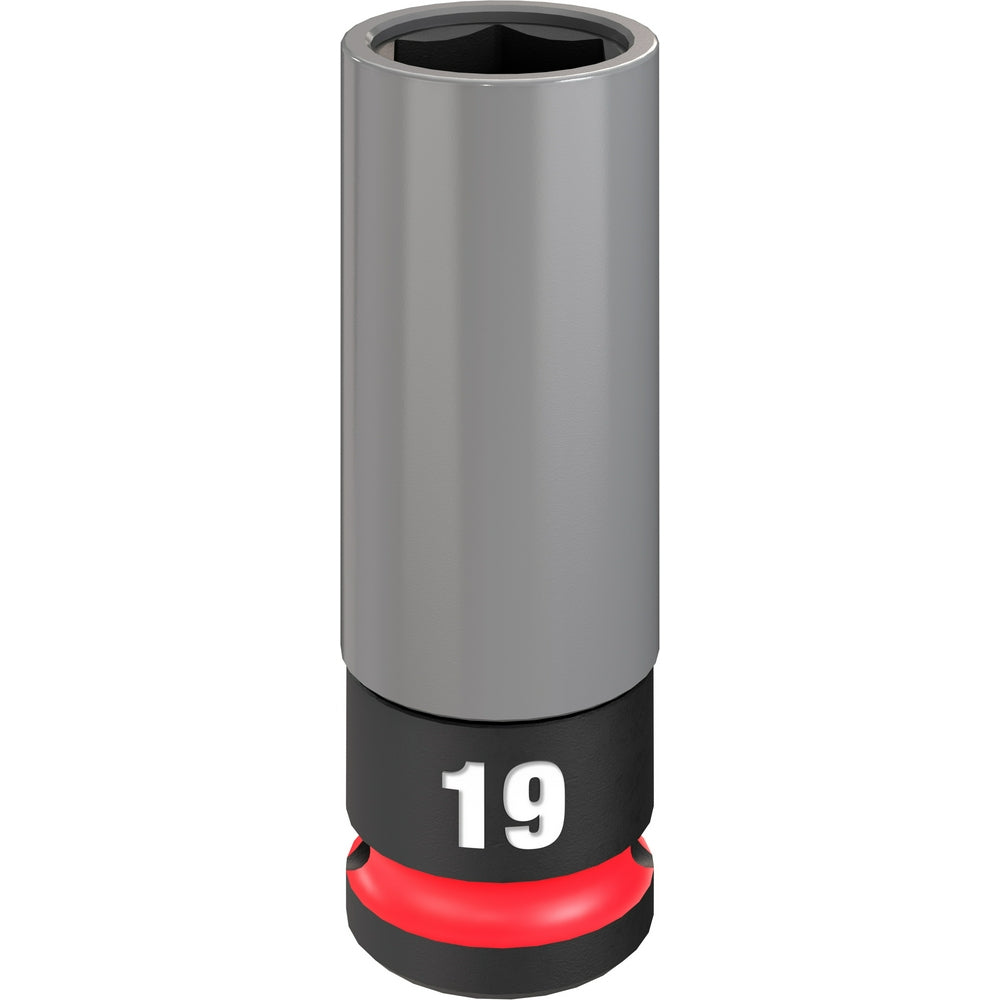 Gray cylindrical socket with black base band marked "19" and red accent ring for 1/2 drive lug nut removal.