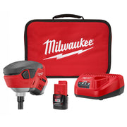 Red and black M12 cordless palm nailer kit with carrying case, battery, and charger.