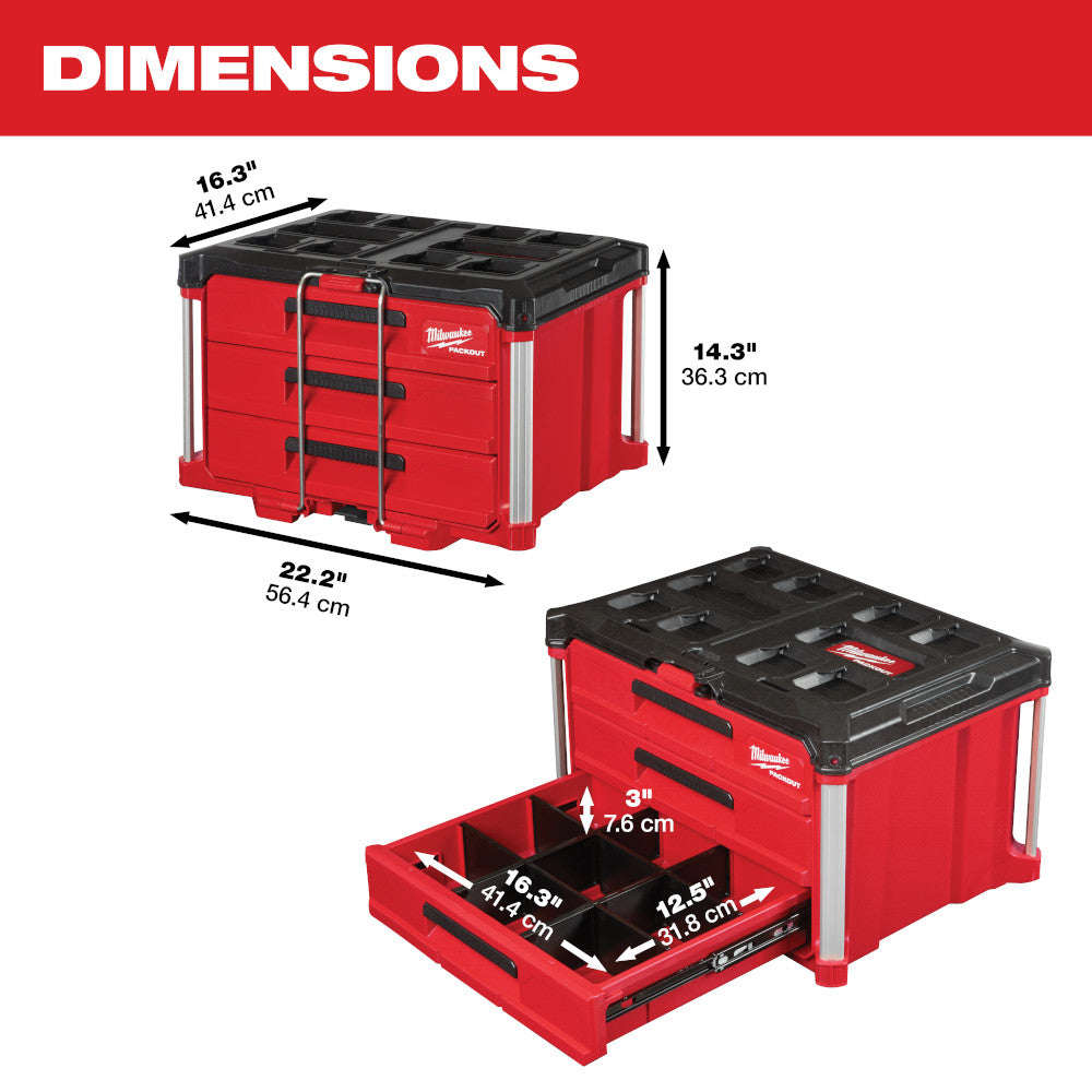 Red Milwaukee PACKOUT 3-drawer tool box with black top, metal handles, and dimensions labeled, shown closed and with bottom d