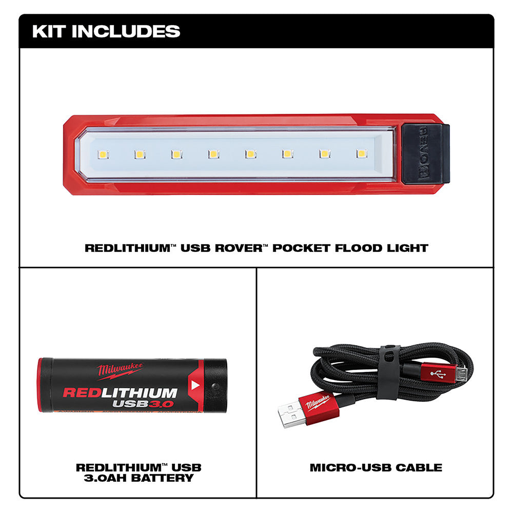 Red and black USB rechargeable flood light with eight LED bulbs, includes USB 3.0 battery and micro-USB cable.