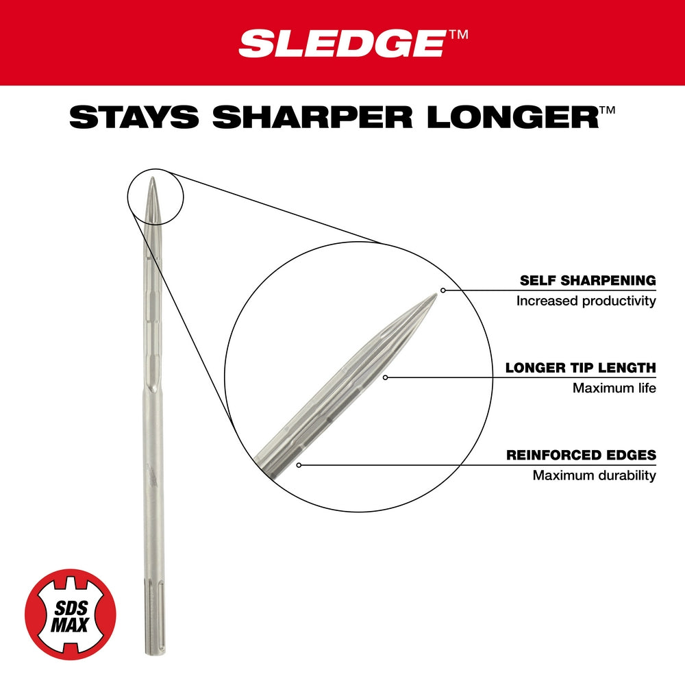Stainless steel SDS-Max bull point chisel with tapered shaft and pointed tip, shown full length and in detail closeup.