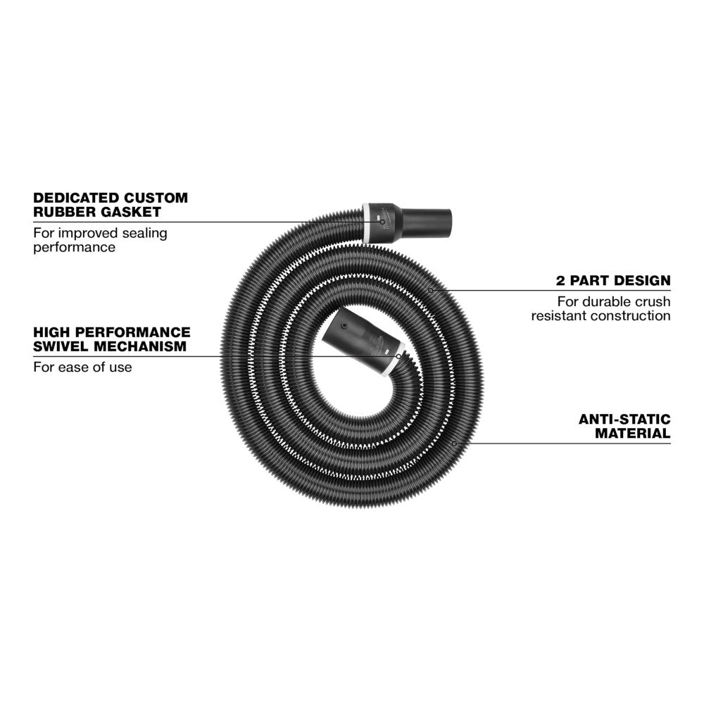 Black flexible hose with swivel connectors at both ends, coiled configuration, ribbed exterior surface.