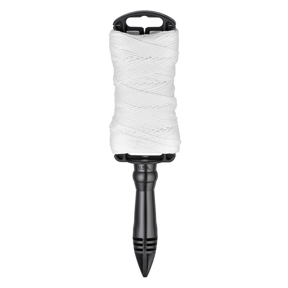 White braided chalk line reel with black plastic handle and pointed metal tip.