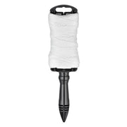 White braided chalk line reel with black plastic handle and pointed metal tip.