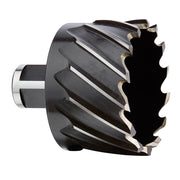 Black HSS annular cutter with spiral flutes, cylindrical shank, and carbide-tipped cutting edges.