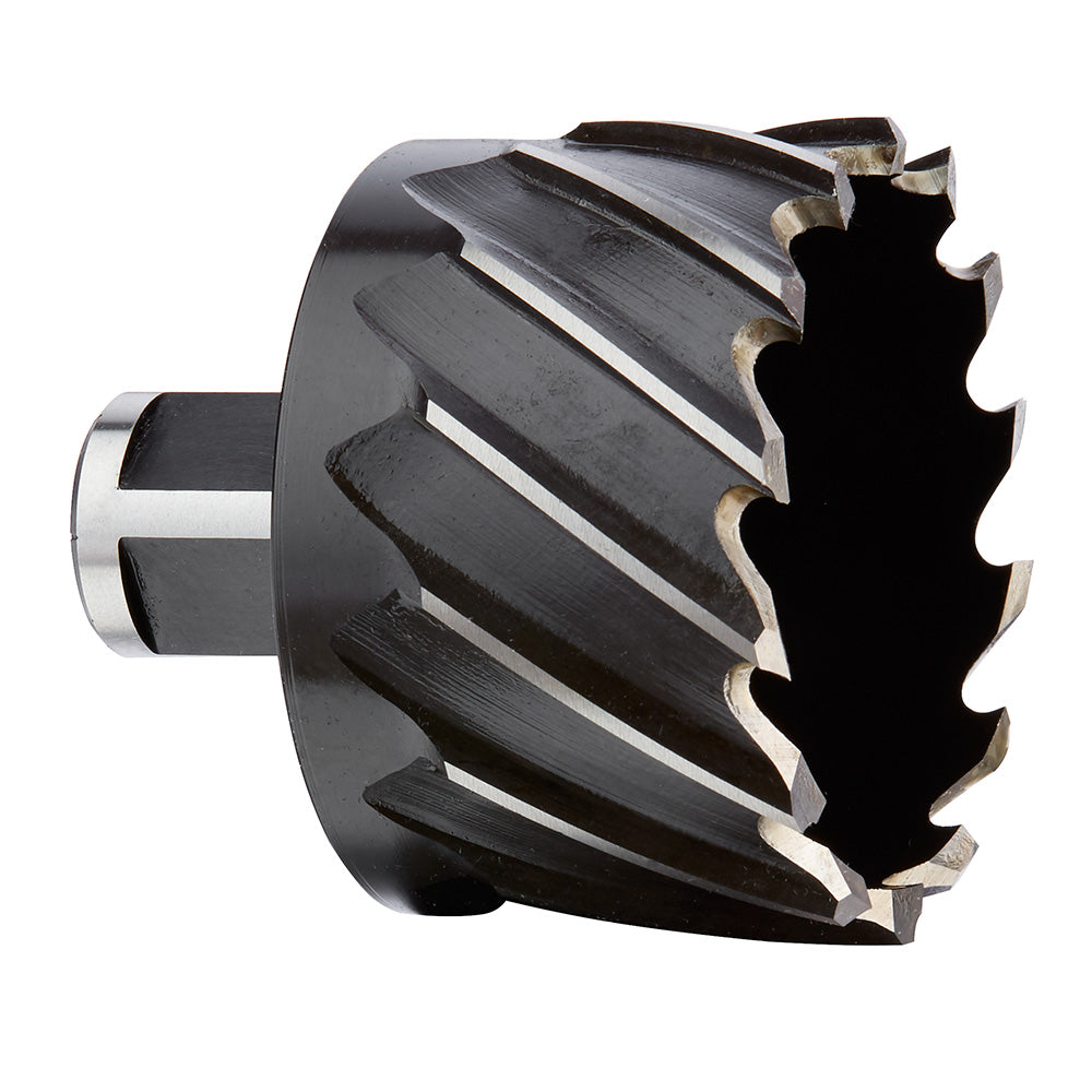 Milwaukee HSS annular cutter with 1-15/16 in. diameter, fluted cutting edges, and cylindrical shank.