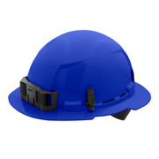 Blue full brim hard hat with black ratcheting suspension band and chin strap.