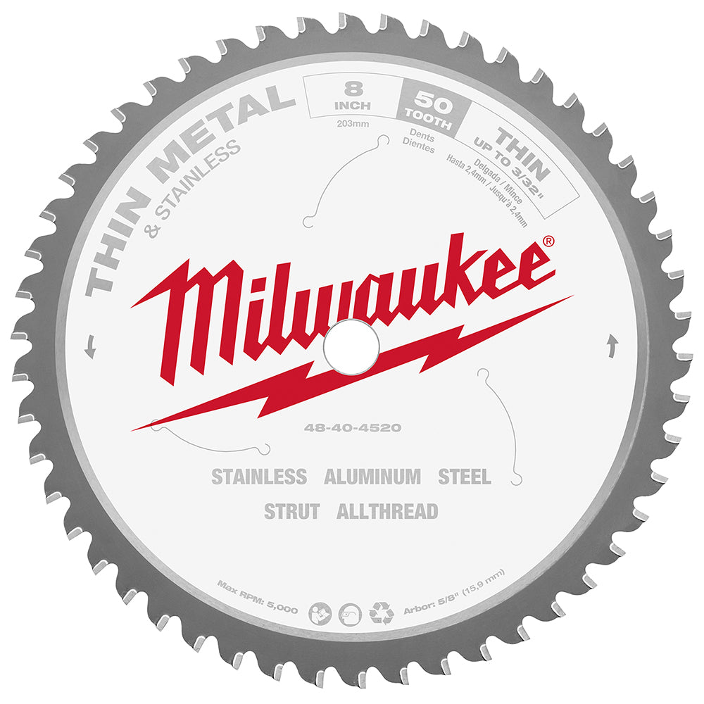 Milwaukee 8-inch circular saw blade with 50 cermet-tipped teeth for dry cutting metal and stainless steel.