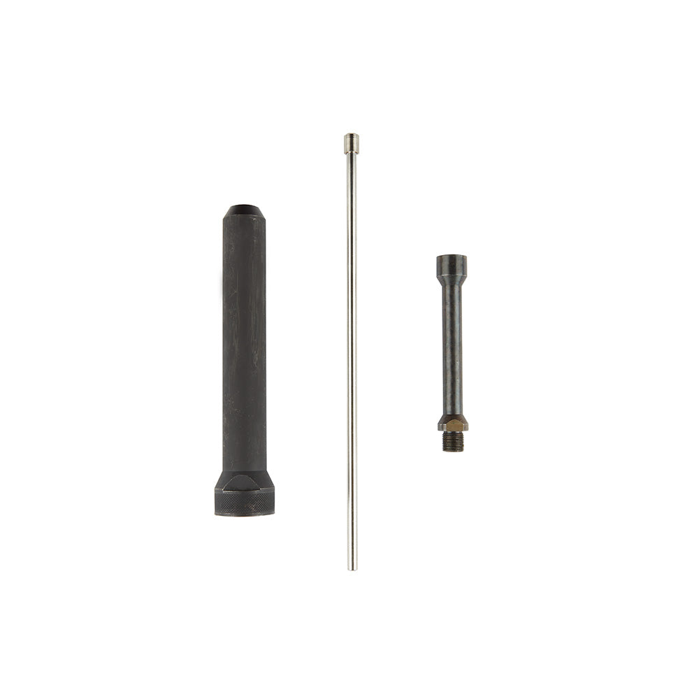 Milwaukee M18 FUEL blind rivet tool with black rubber grip, long metal extension shaft, and metal rivet nose piece.