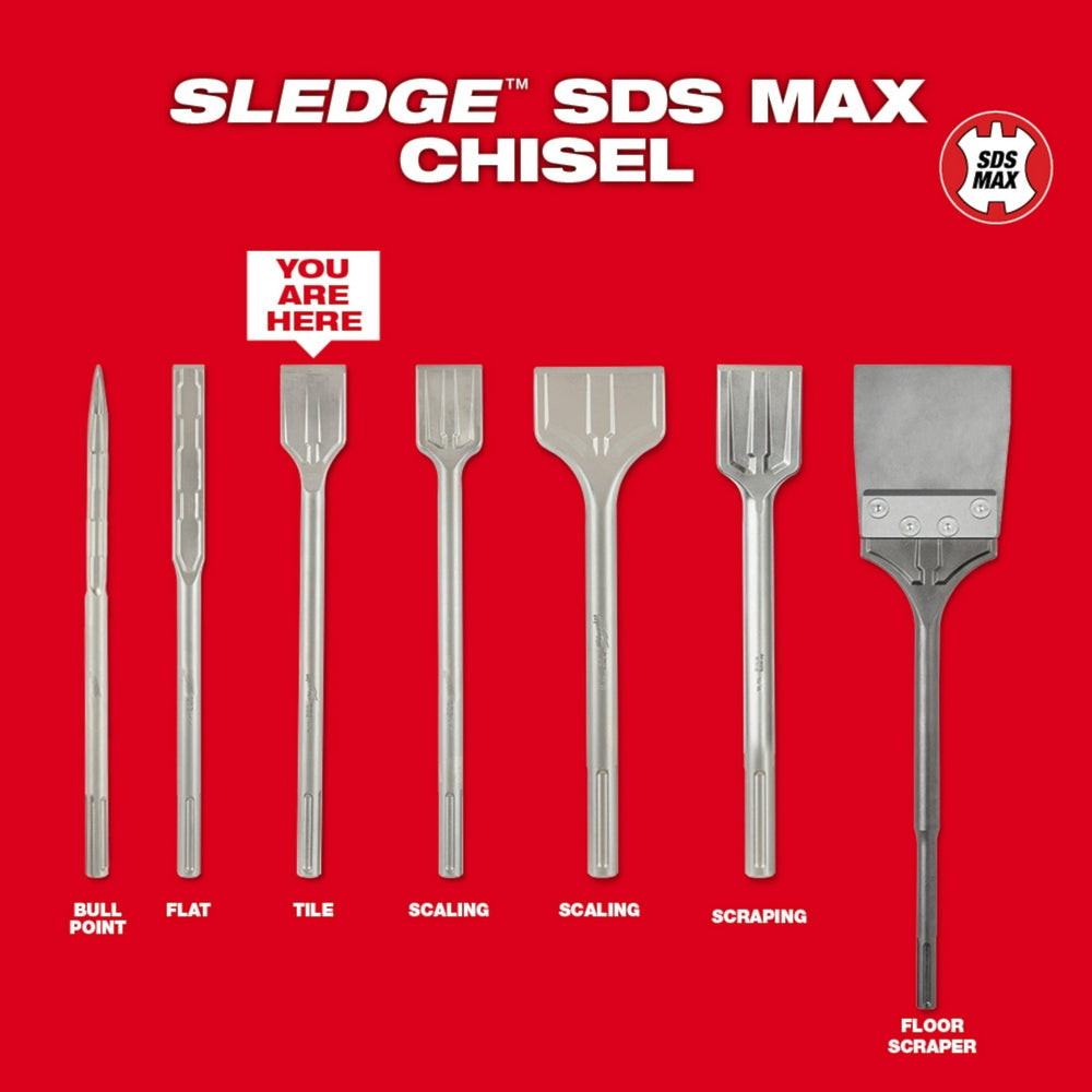 Milwaukee SDS-Max 2-inch tile chisel with flat rectangular head and long shaft, displayed among other chisel types on red bac