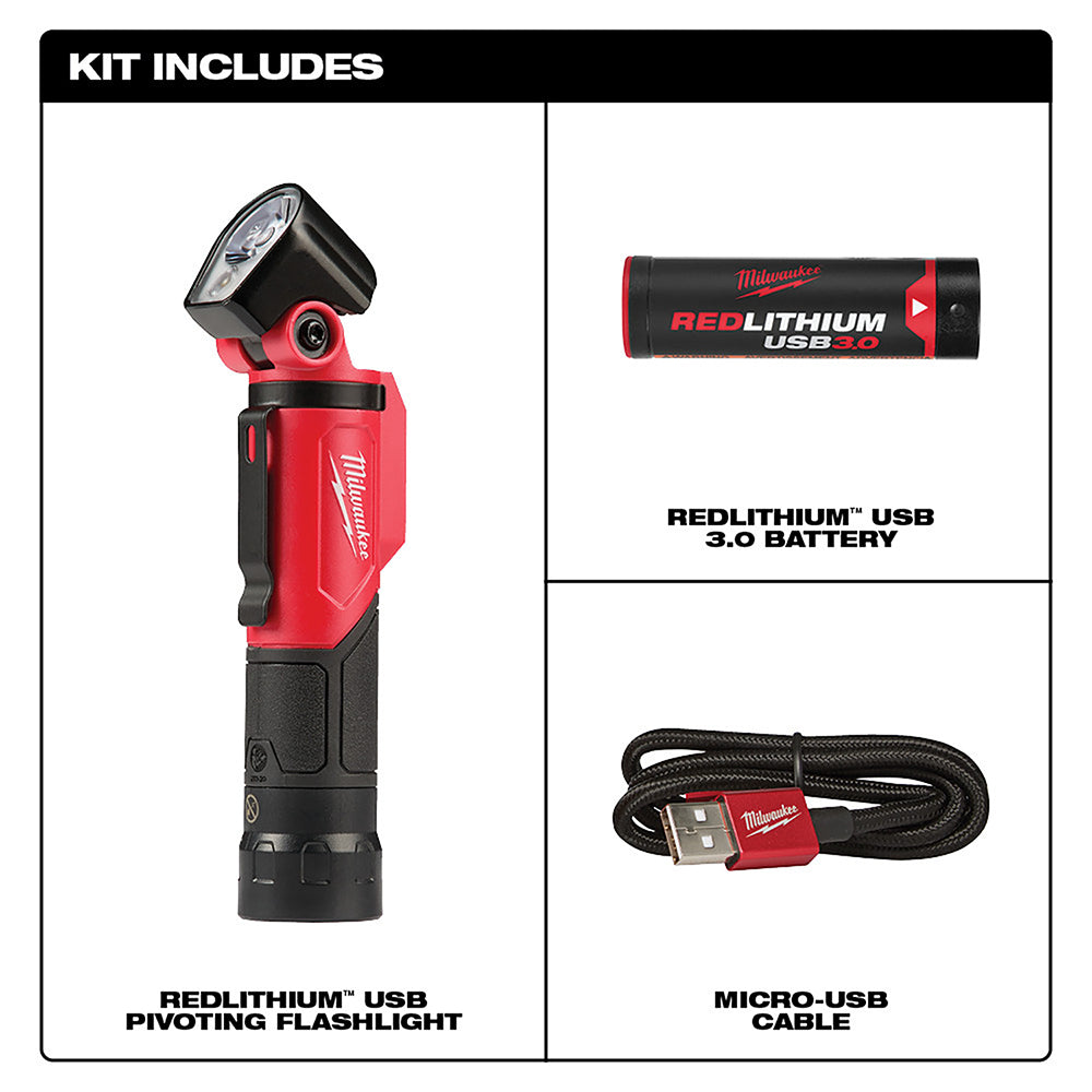 Red and black Milwaukee pivoting LED flashlight with REDLITHIUM USB 3.0 battery and micro-USB charging cable.