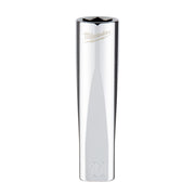 Milwaukee chrome 11mm deep socket with 3/8 inch drive and 6-point hex head.