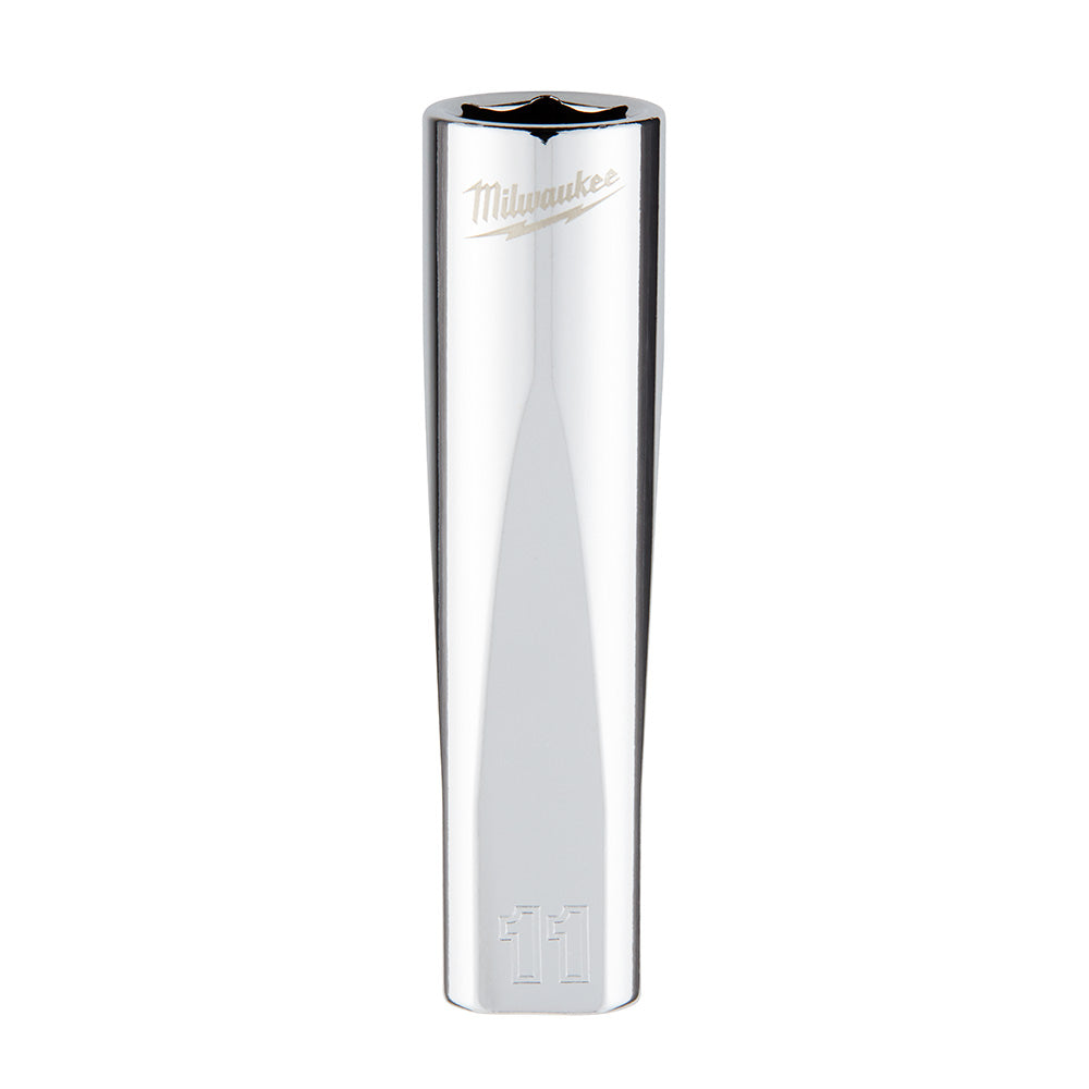 Milwaukee chrome 11mm deep socket with 3/8 inch drive and 6-point hex head.